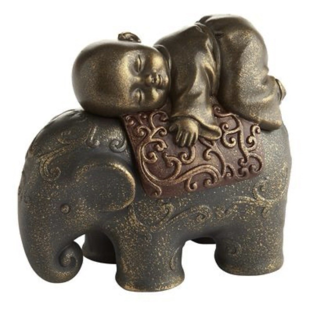 Sleeping Baby Shaolin Monk On Elephant Statue/ Box Bronze Look Zen Decor Heavy